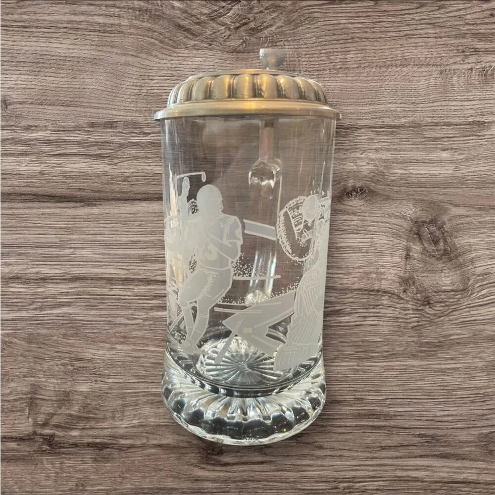 Vintage German Crystal Glass Beer Stein w/ Pewter Lid Set of 2